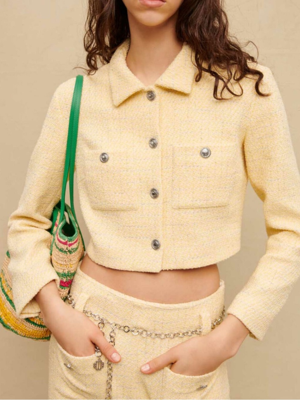 Maje Cropped Tweed Jacket in Light Yellow